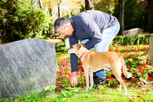 Dono e seu cão visitando túmulo no cemitério