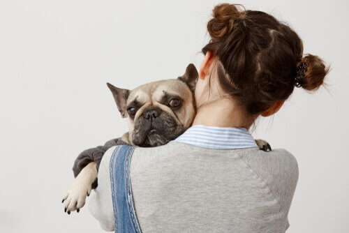 Mulher abraçando cachorro