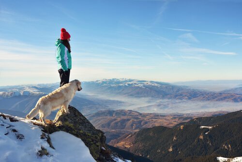 Mulher com cachorro no pico de uma montanha