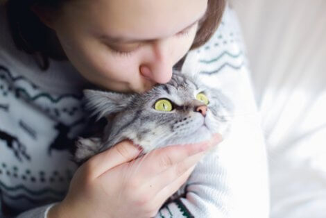 Menina beijando gato.
