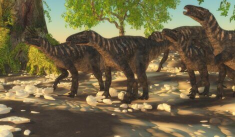 Um grupo de iguanodontes, dinossauros da Europa.