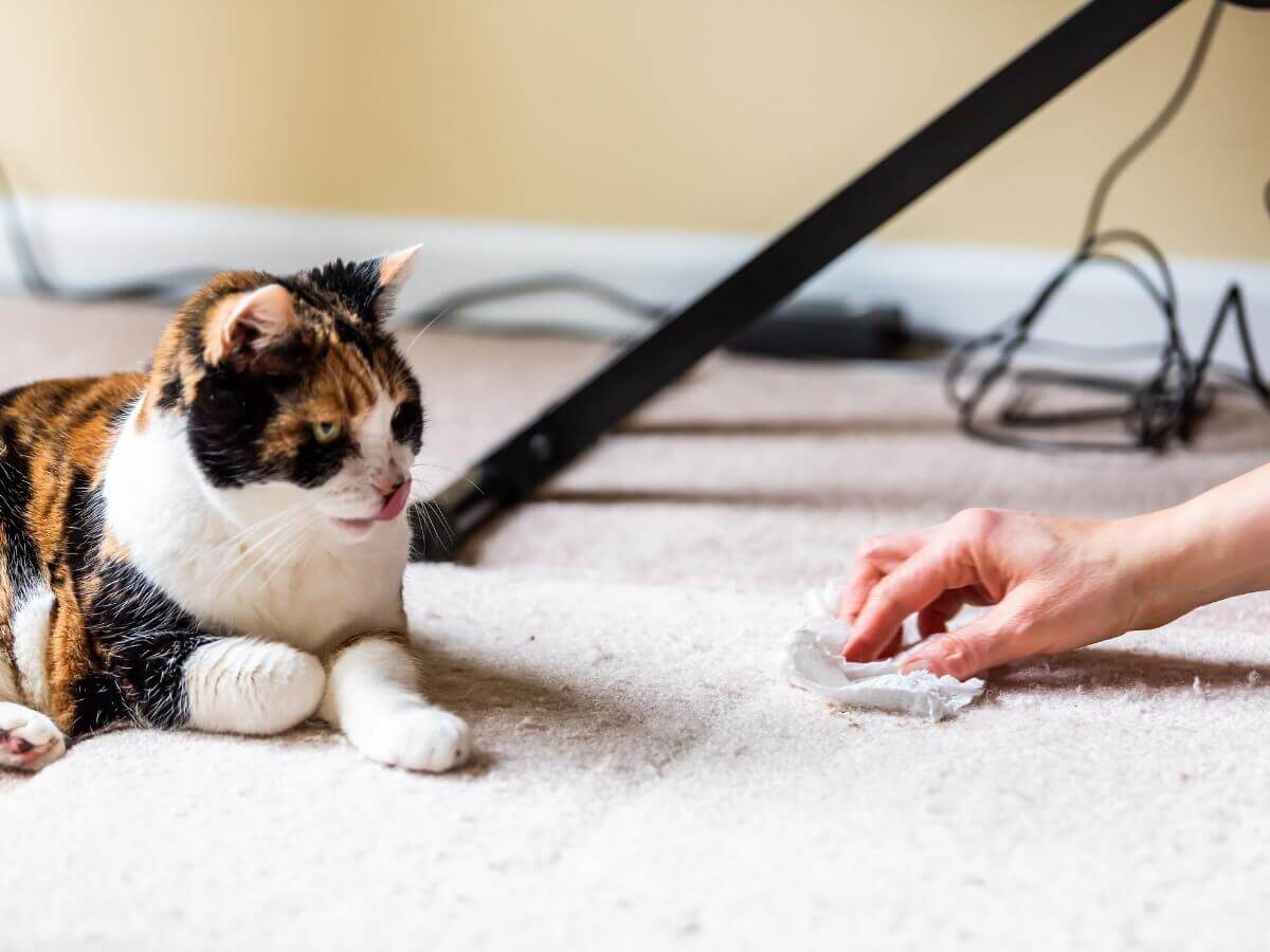 Um gato que acabou de vomitar.